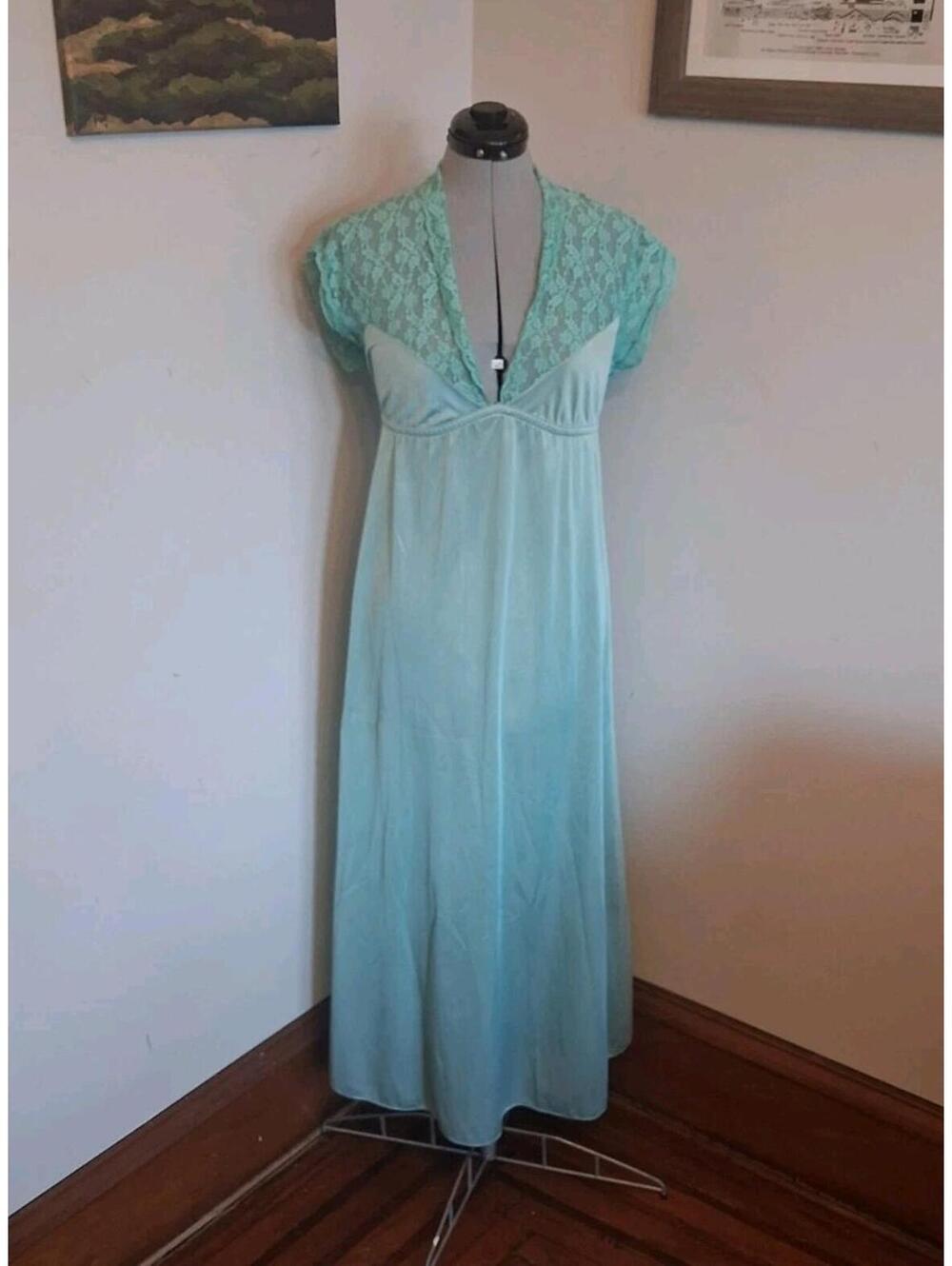 Vintage 70s Nightgown Blue Lace And Nylon Empire Waist Maxi Dress With Collar